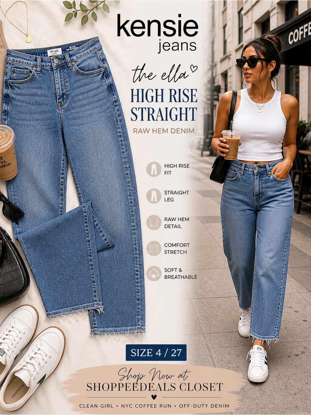 Kensie Jeans The Ella High Rise Straight Raw Hem Denim Size 4/27